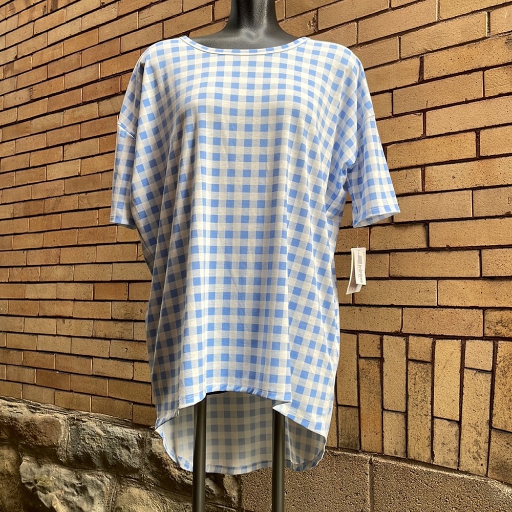 NWT LuLaRoe Irma Blue & White Gingham High-Low Tee Oversized Size Small